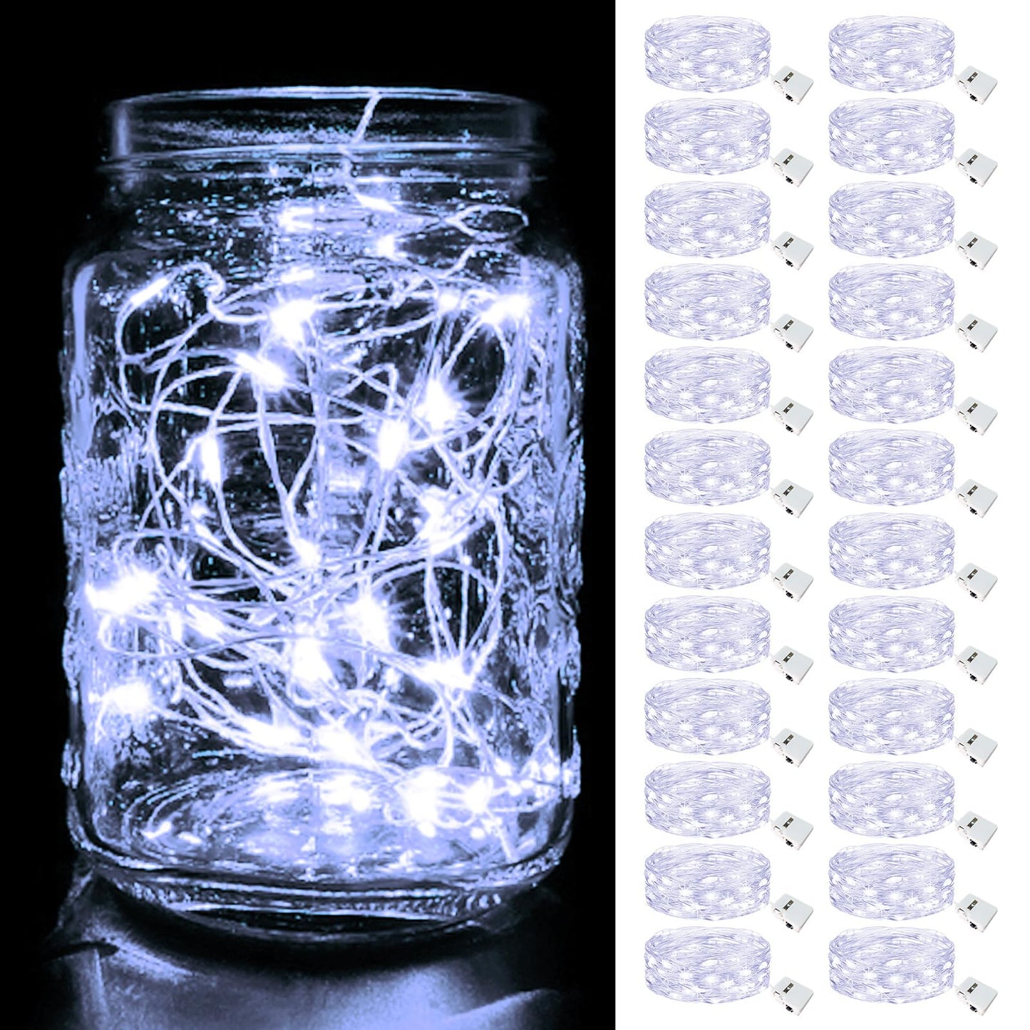 btfarm 24 Pack Fairy Lights Battery Operated, 3 Modes 7ft 20 Led Twinkle Lights, Mini Bulk String Lights Waterproof Silver Wire for Mason Jars Christmas Wedding Vases Centerpiece Decor, Cool White