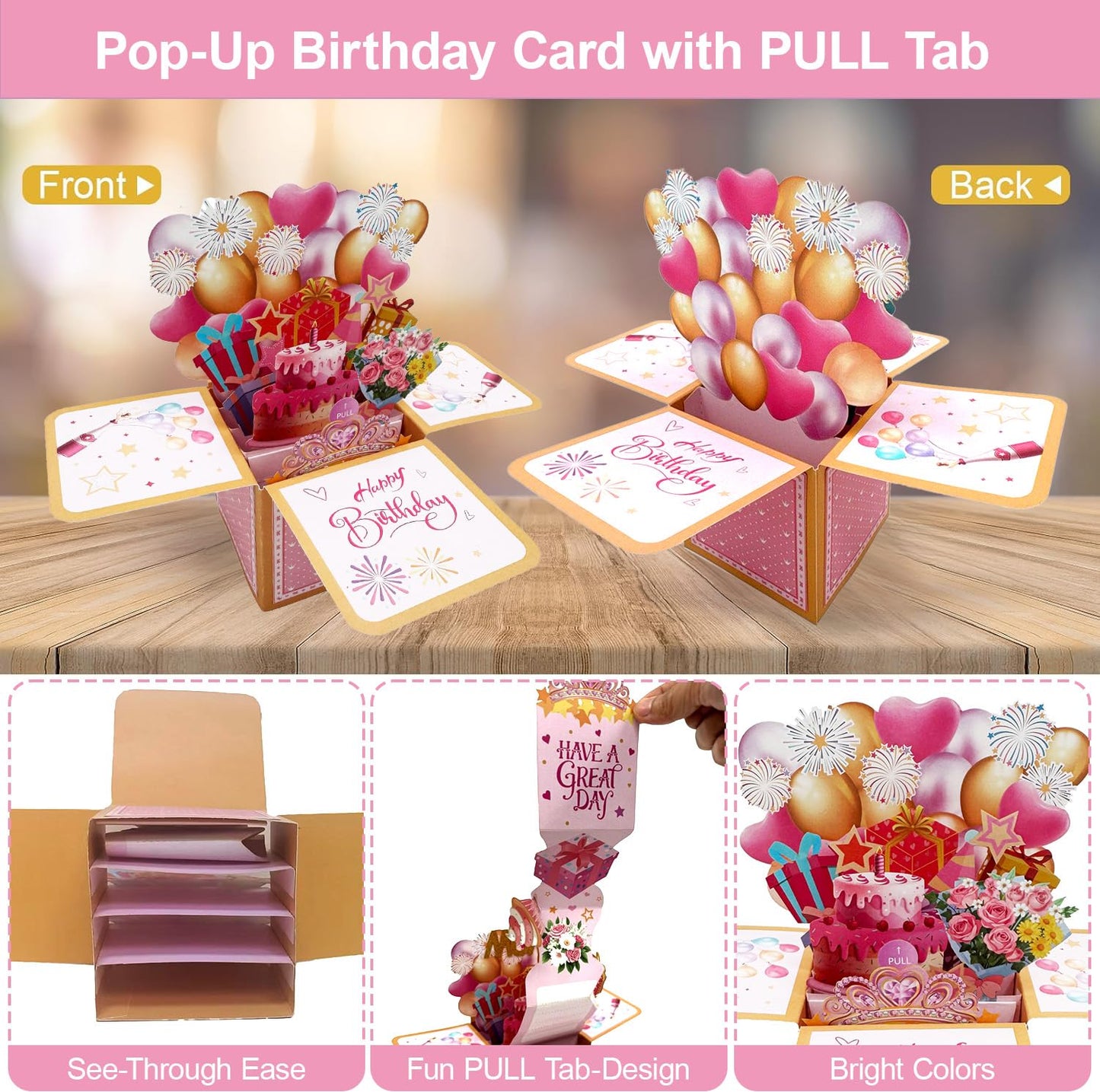 SOLIFEGOBLE 3D Pop Up Birthday Card, Handmade Pull Out Surprise Gift Box Greeting Card with Envelope, Birthday Gift for Women Mom Wife Daughter Girlfriend