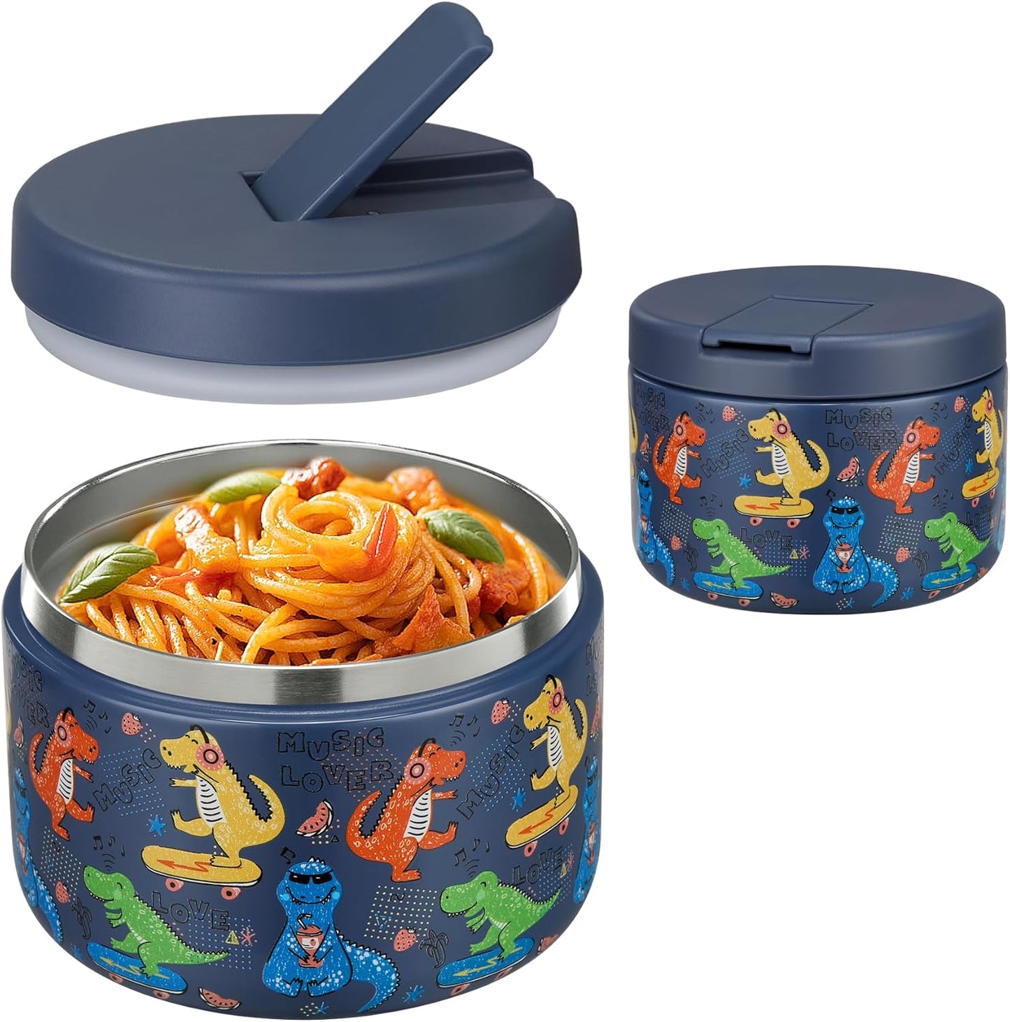 Pawtong Insulated Vacuum Food Jar - Leakproof Stainless Steel Lunch Container for Kids | 12oz Blue Dinosaur