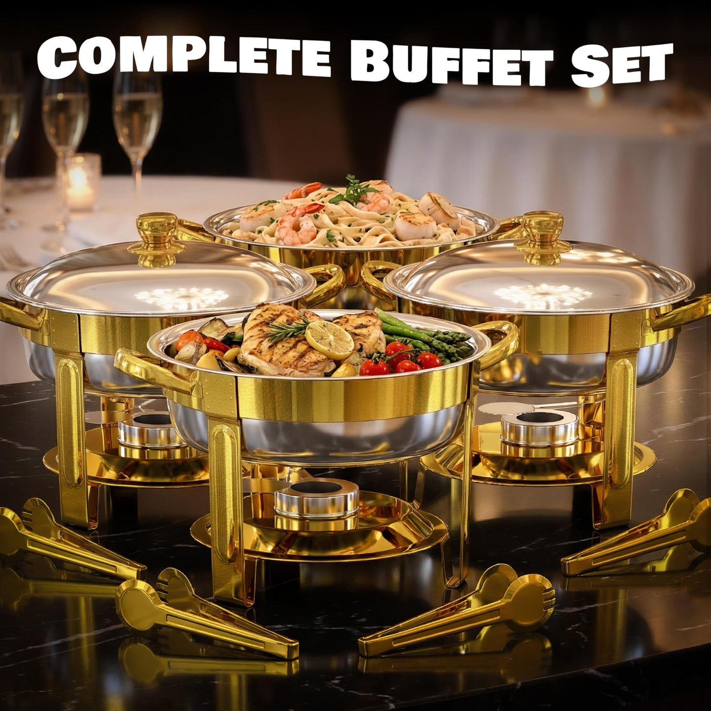 Trivico Chafing Dishes for Buffet Set,4 Pack 6QT, Easy 30-Second Lid Assembly Stainless Steel Food Warmers for Catering, Parties & Events, Gold Colors Chafing Dish Buffet Set