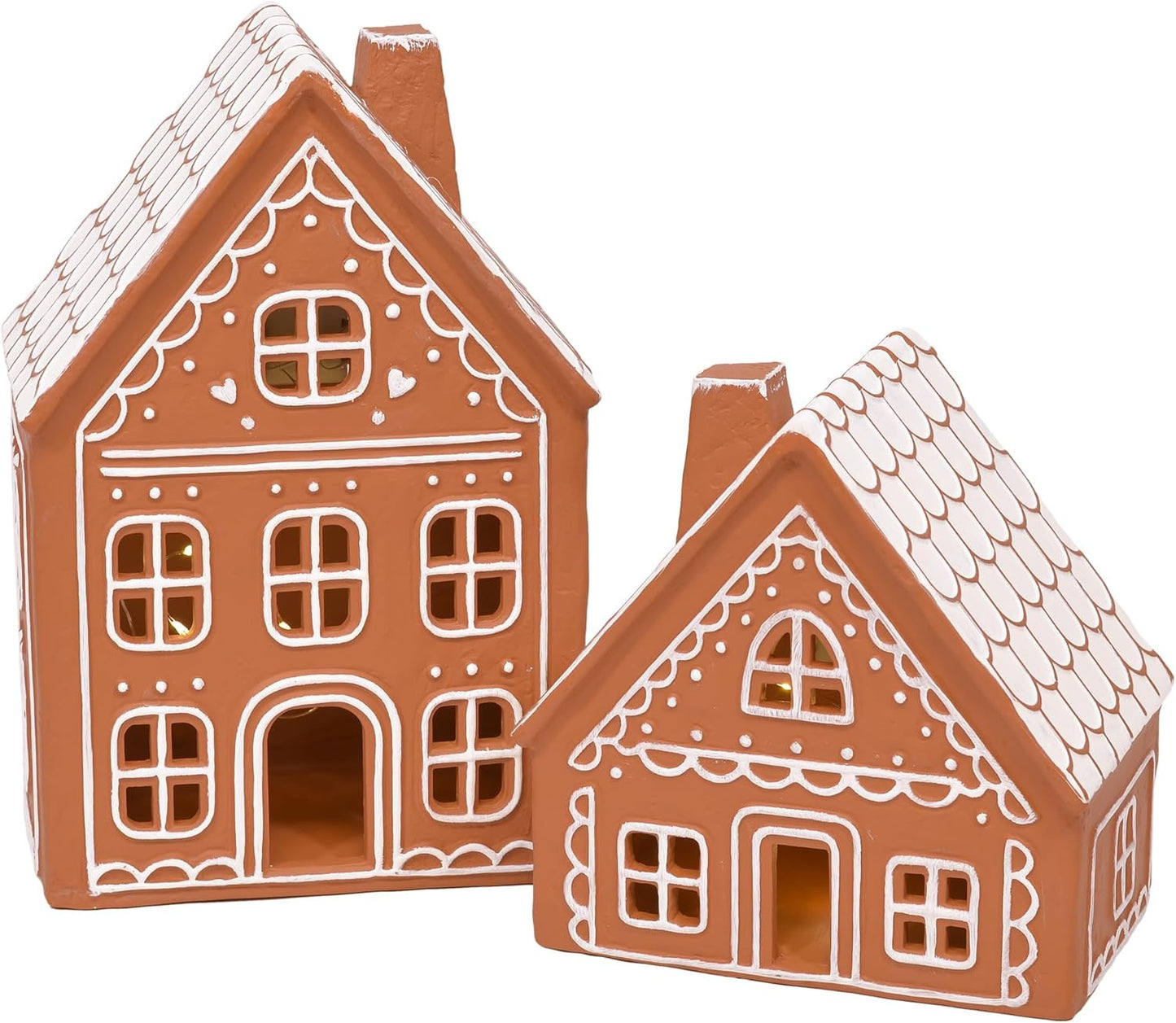 Mark Feldstein & Associates Ceramic Iced Gingerbread Houses - Pre-Lit LED Holiday Village Figurines, Set of 2, 9 Inch