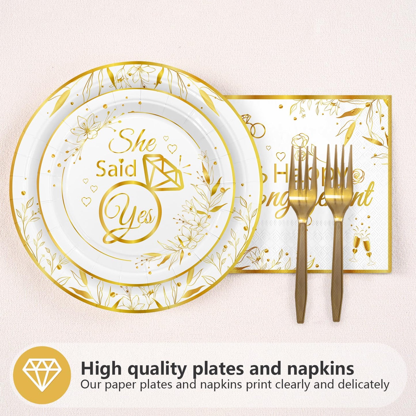Grencian 96Pcs Happy Engagement Party Supplies White Gold Diamond Ring Plates Napkins She Said Yes Party Disposable Dinnerware for Wedding Bridal Shower Just Engaged Decoration Serve 24