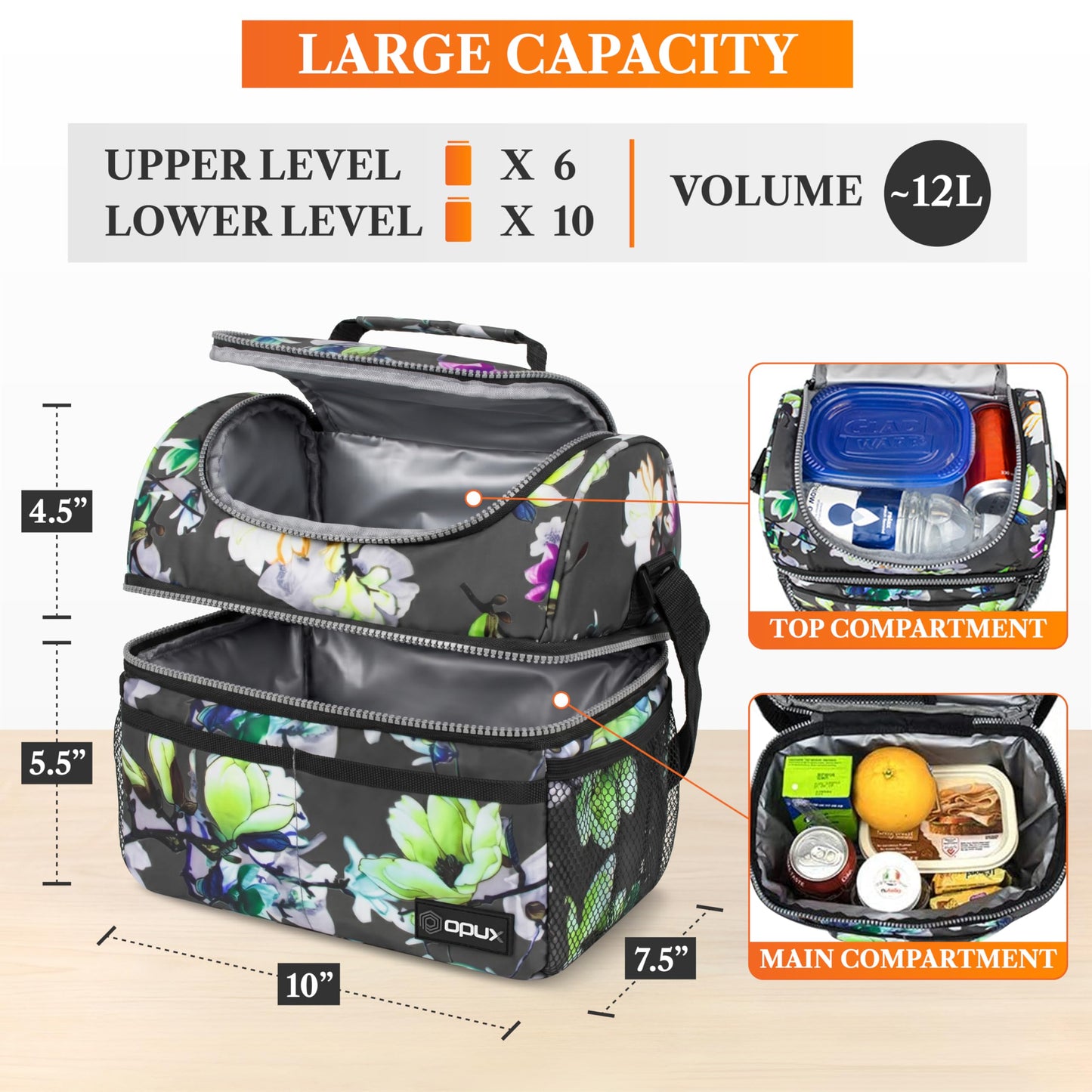 OPUX Insulated Lunch Bag for Women, Double Decker Leakproof Lunch Box Cooler Tote with Shoulder Strap, Large Lunchbox for Work School Travel Meal Prep, Adults Kids Men Girls Boys, Floral Gray, 16 Cans