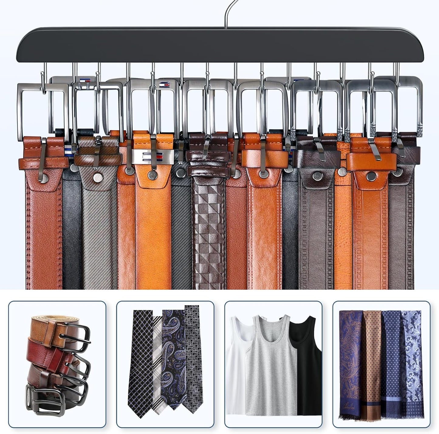 Skiennix Belt Hanger - Sturdy Wood Belt Rack with 14 Hooks for Closet Organization | Black, 1 Pack