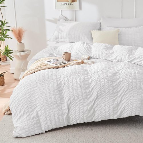 HYMOKEGE King Size Comforter Set - 7 Piece Seersucker Luxury Bedding Set for All Seasons | Includes Comforters, Sheets, Pillowcases & Shams