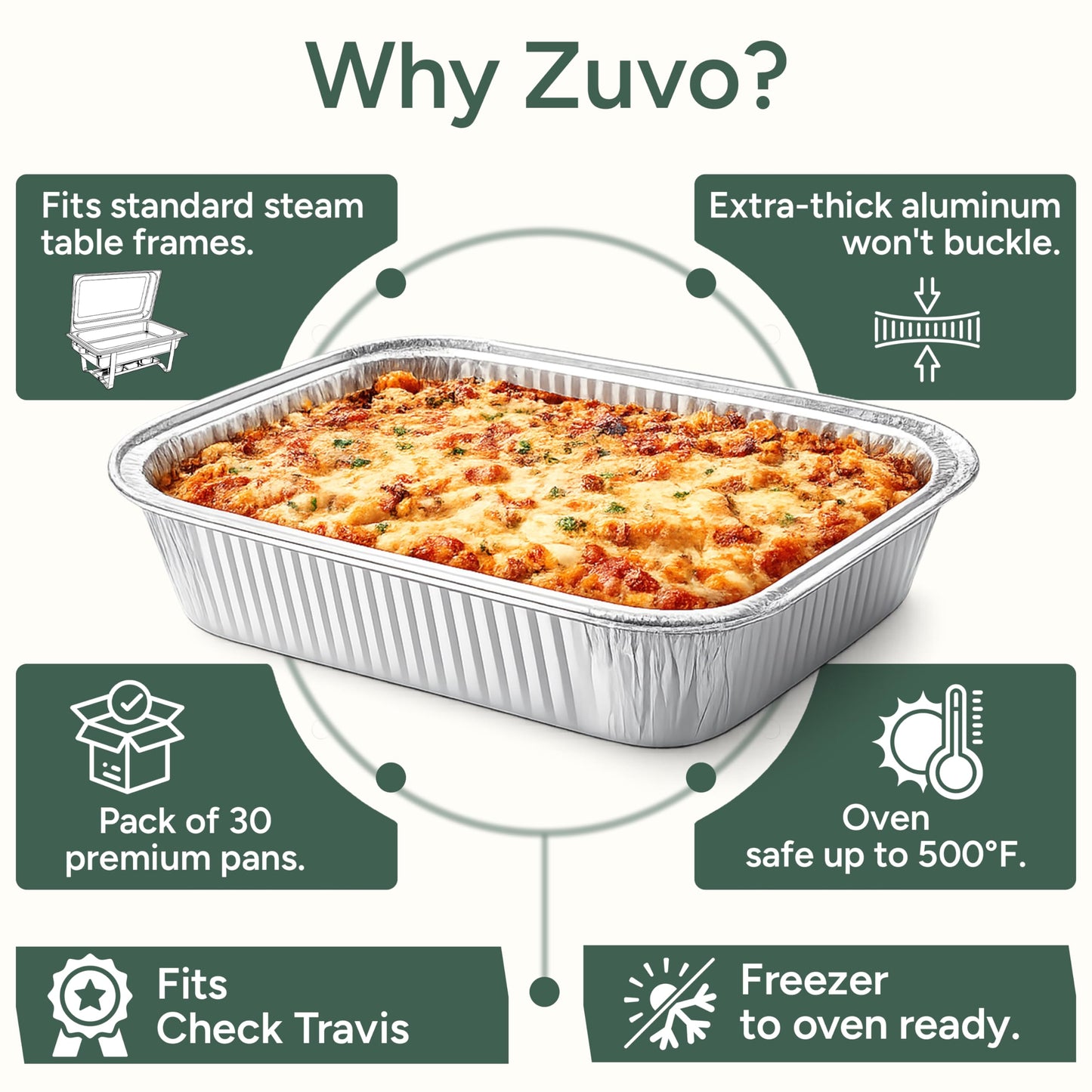 Zuvo 9x13 Aluminum Foil Pans (30 Pack) - Disposable Half Size Deep Steam Table Pans, Heavy Duty Tin Foil Trays for Roasting Turkey, Lasagna, Casseroles - Thanksgiving, Christmas, BBQ, Catering