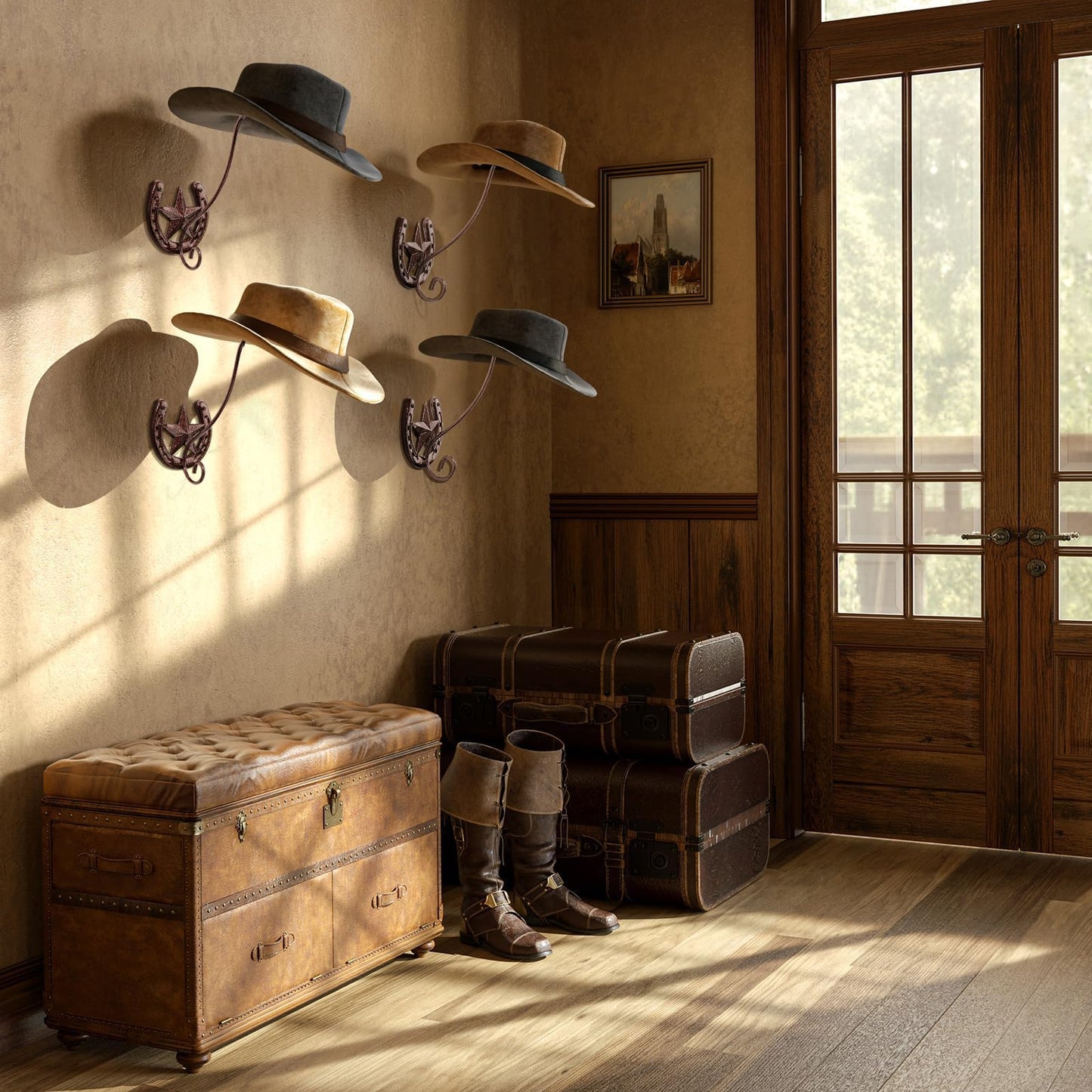 HYDERMUS Cowboy Hat Organizer Rack for Wall 4 Pack Metal Cowboy Hat Holder Wall Mounted Iron Western Wall Decor Horseshoe Hat Hanger for Storage and Display at Closet Bedroom Living Room