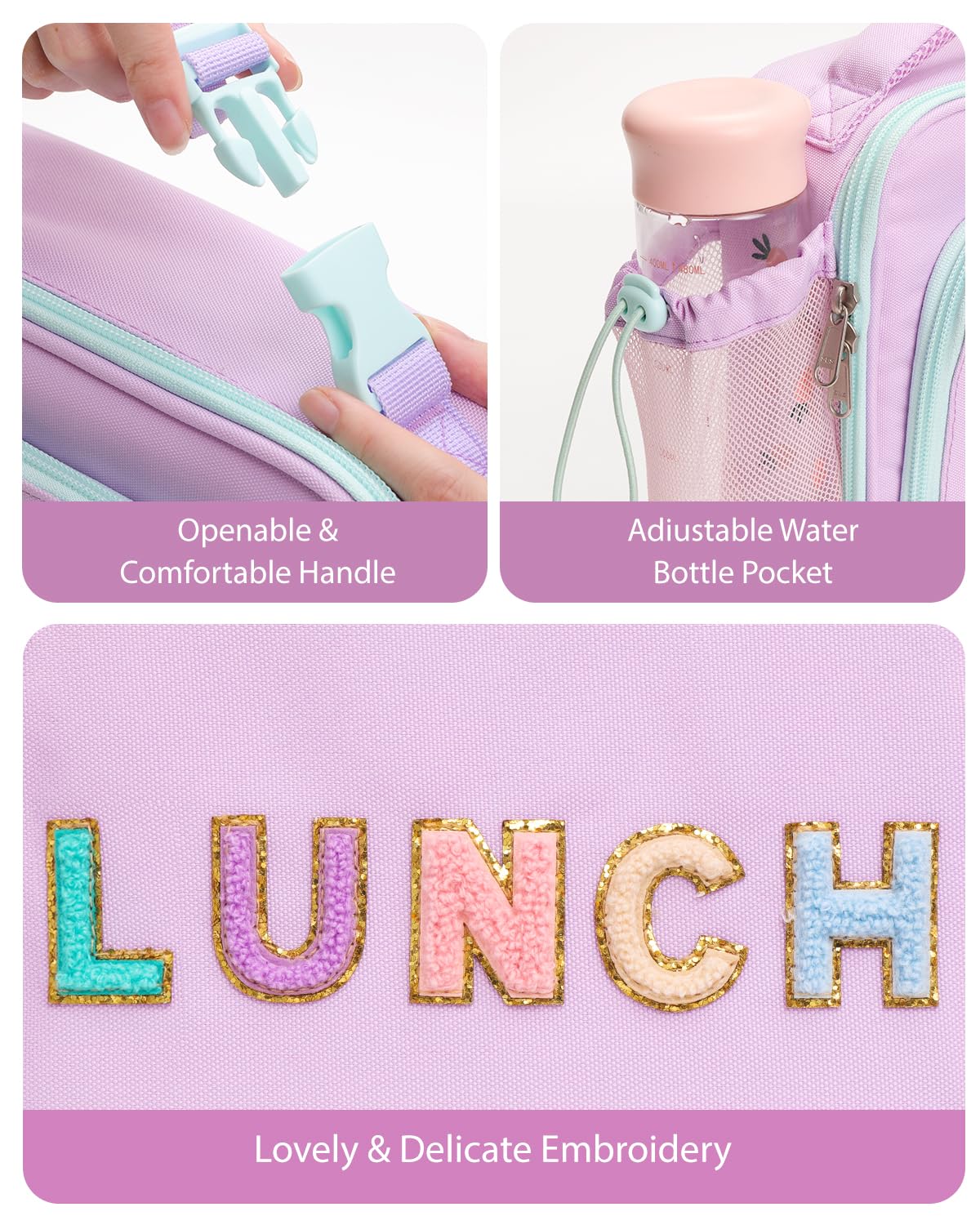 Amersun Kids Insulated Lunch Box- Water-Resistant, Reusable Cute Lunch Tote Bag with Water Bottle Holder & Multi-Pocket-Ideal for Ages 3+ Girls,School,Travel-Light Purple