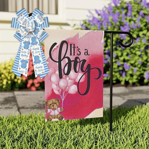 Estivaux Large Baby Shower Bows - Blue Striped Burlap Wreath Bows for Gender Reveal & Baby Boy Decor