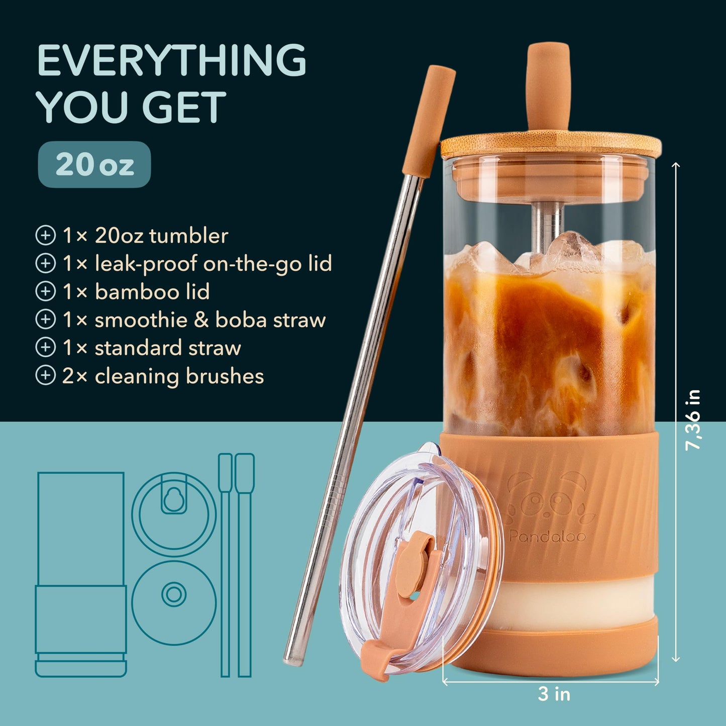 Pandaloo® Glass Cups With Lids and Straws -20 Fl Oz- Perfect Size Iced Coffee Cup - Smoothie Cup With Bamboo Lid and On the go Lid - (2 Count (Pack of 1), Black Saphir-Mediterranean Olive)
