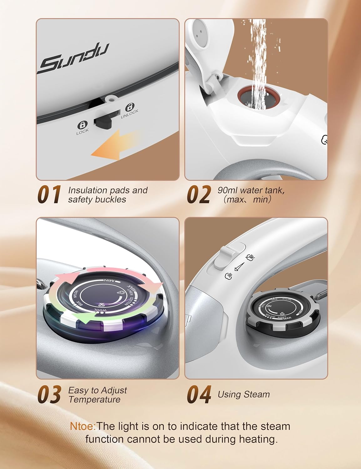 Sundu 1000W Mini Travel Steam Iron - Portable Quilting & Sewing Iron with Non-Stick Soleplate, 90ml Tank, Digital Control | Silver Grey