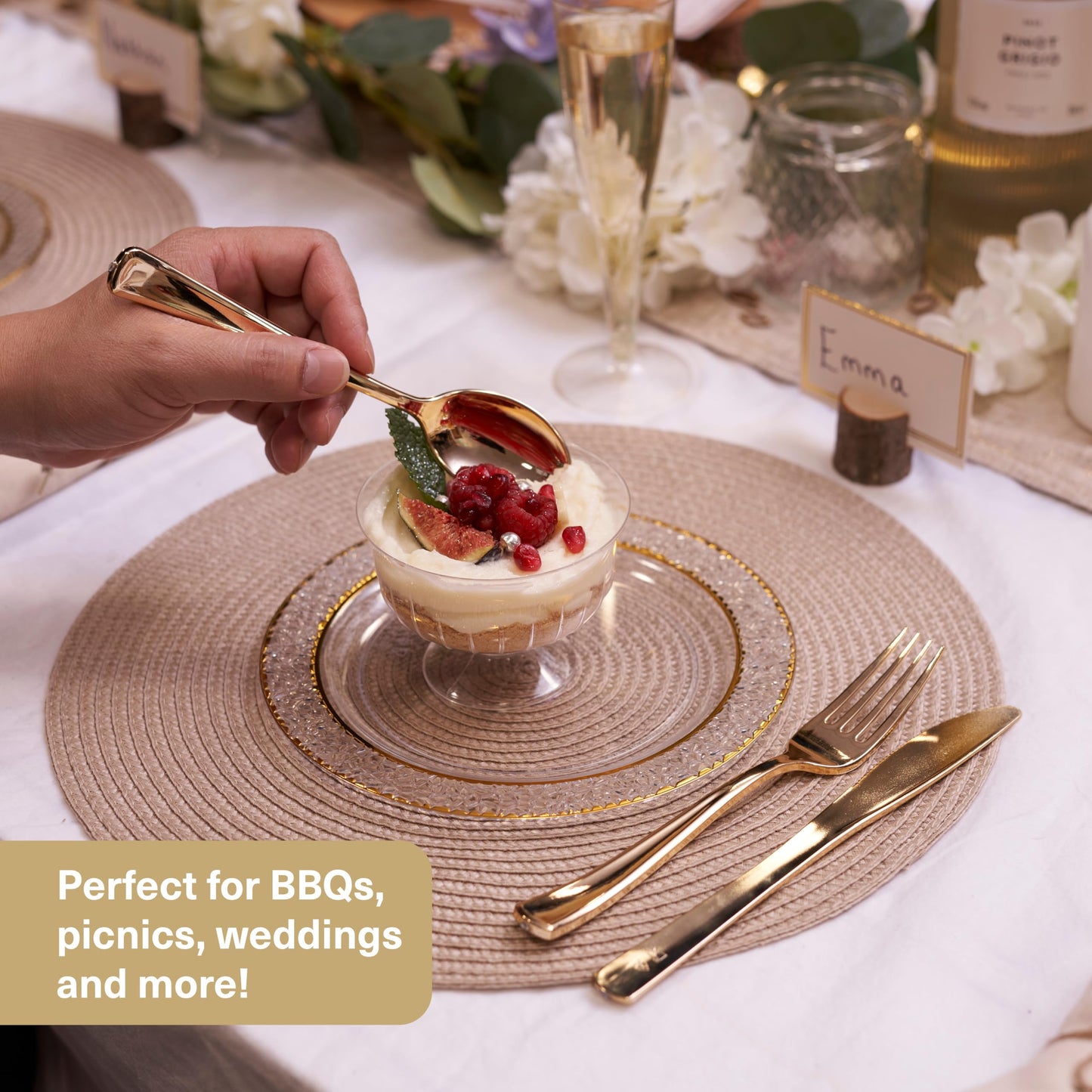 MATANA - 180 Gold Plastic Silverware Set (60 Knives 60 Forks 60 Spoons) Bulk Reusable Gold Plastic Cutlery Utensils for Party, Wedding, Dinner, Heavy Duty