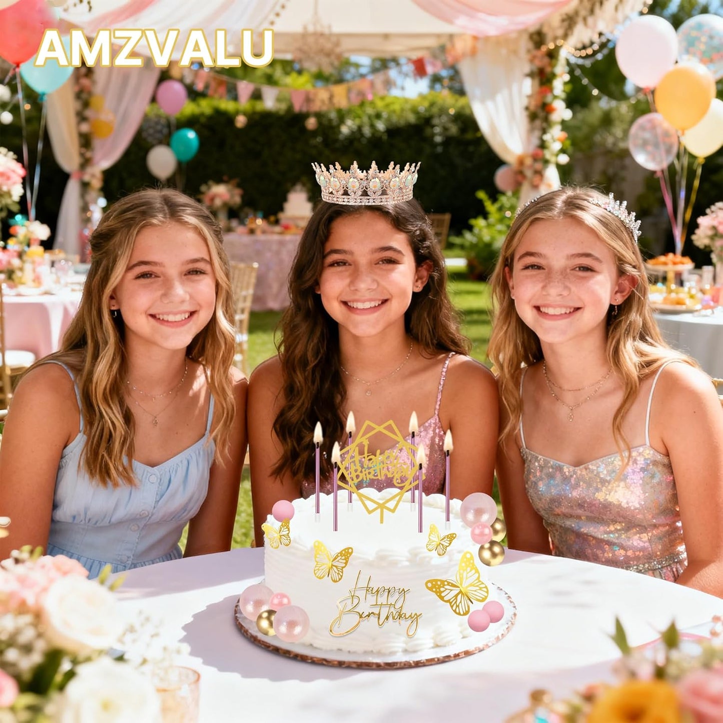 AMZVALU Crown Cake Topper Set - 3 Happy Birthday Decorations with Rose Gold Butterflies & Candles