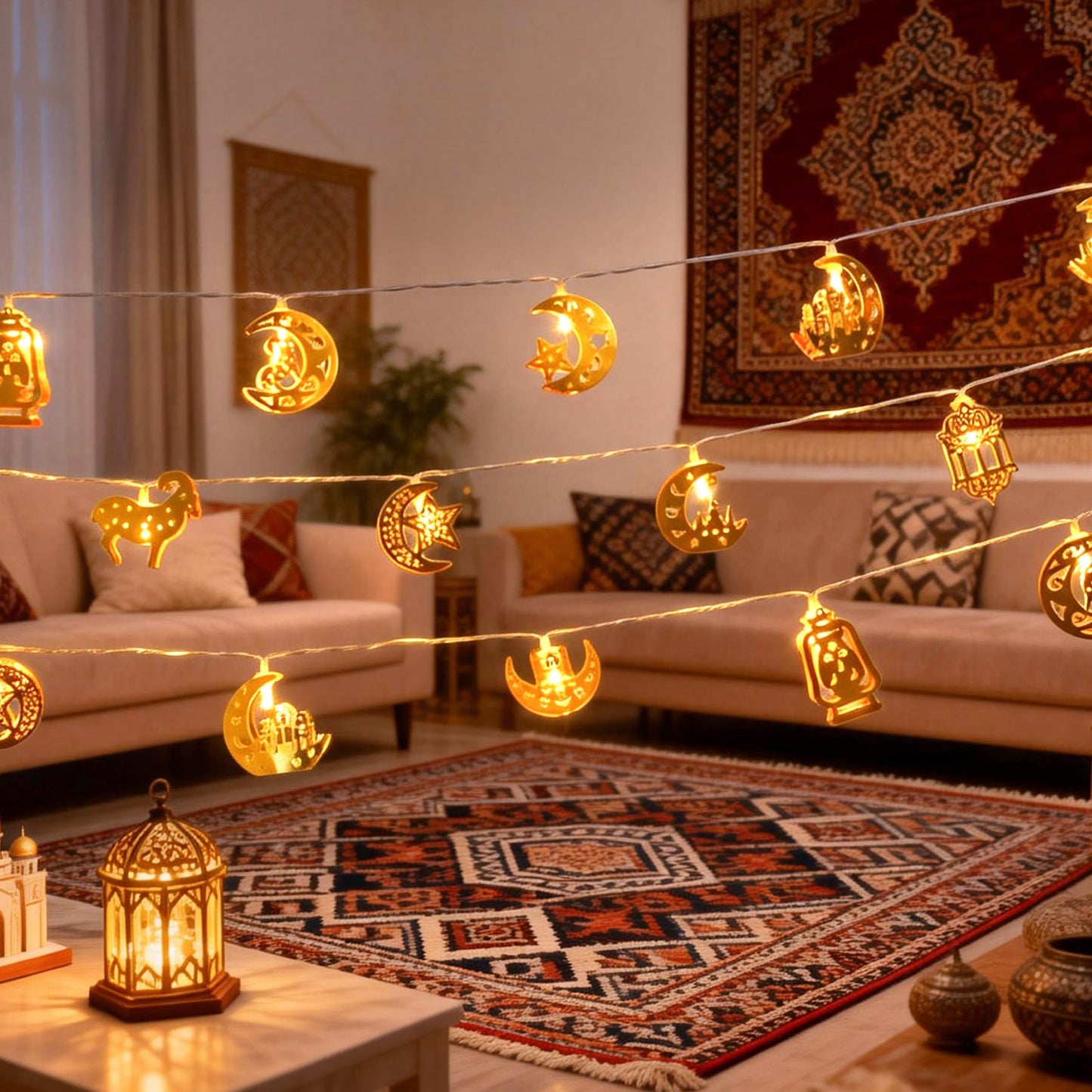 ilifemate Ramadan Eid Mubarak Lights, Metal Islamic Lantern Moon Decor Lights with Remote Control, 8 Lighting Modes & 2 Brightness, Ideal for Eid Home Party Fireplace Wall Decor Indoor