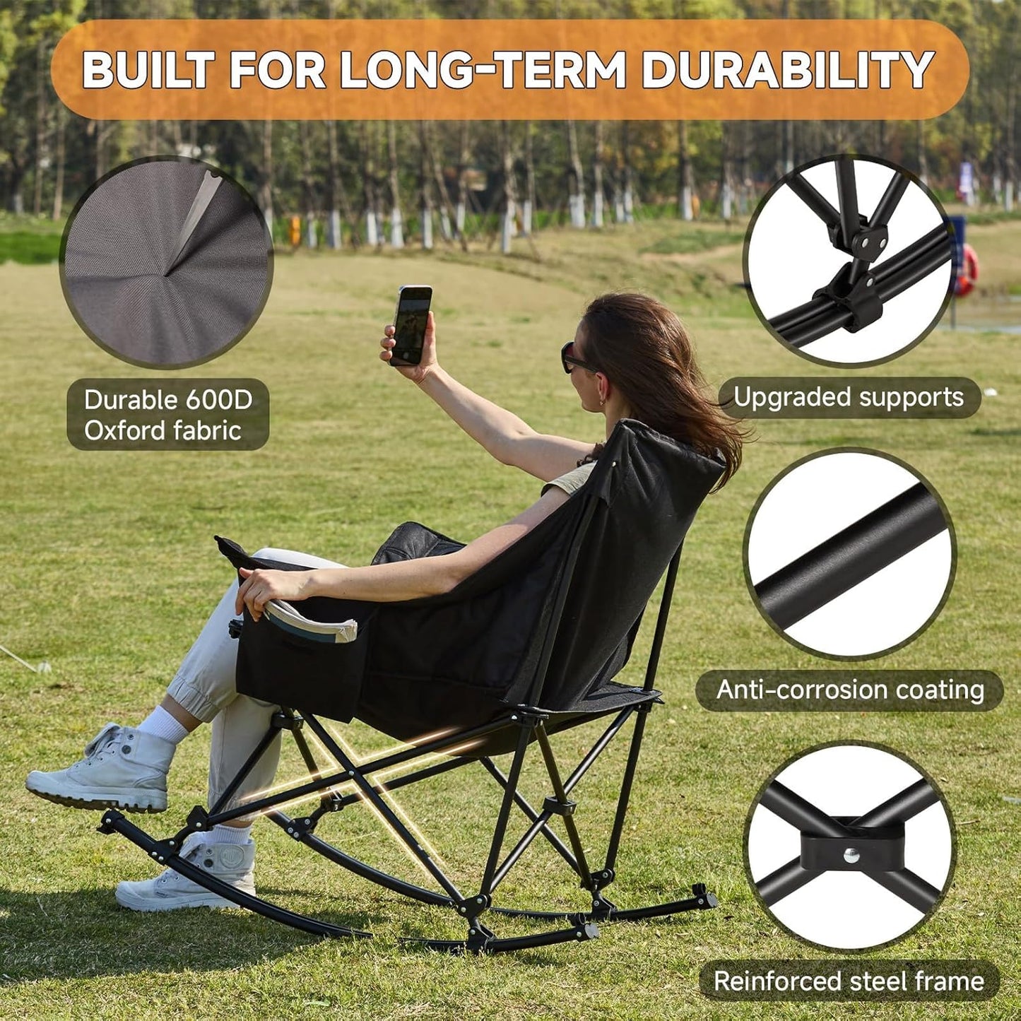 Youtanic Oversized Folding Rocking Camping Chair - Padded Portable Design with Cup Holder & Pockets | Heavy Duty Up to 400lbs, Gray