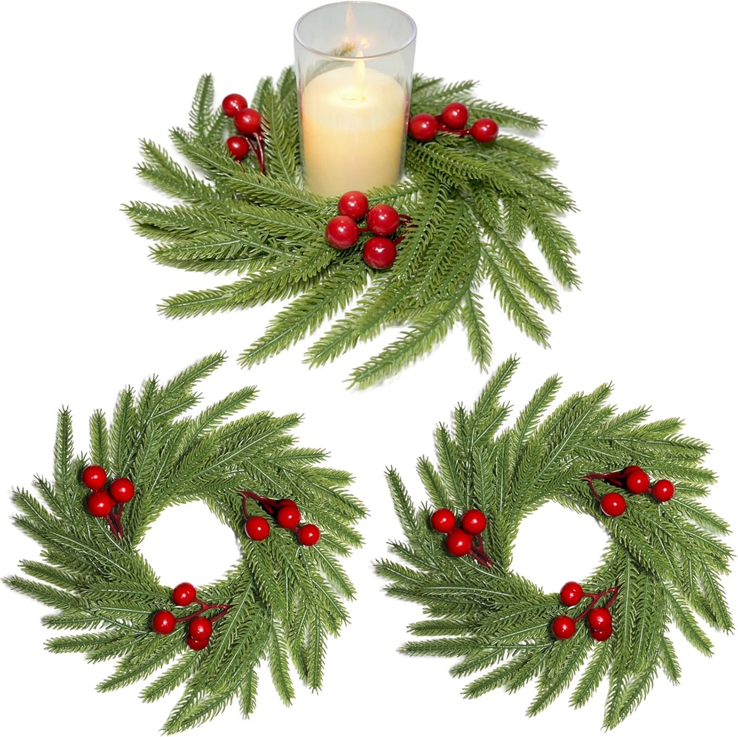 Regine Switzerland Christmas Candle Rings - 3Pcs Norfolk Pine & Red Berry Mini Wreaths | Festive Table Decor