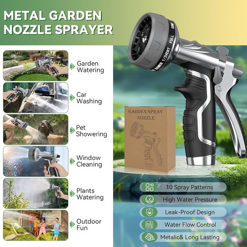 **Heavy Duty Metal Garden Hose Nozzle - 8 Adjustable Spray Patterns | High Pressure Hand Sprayer**