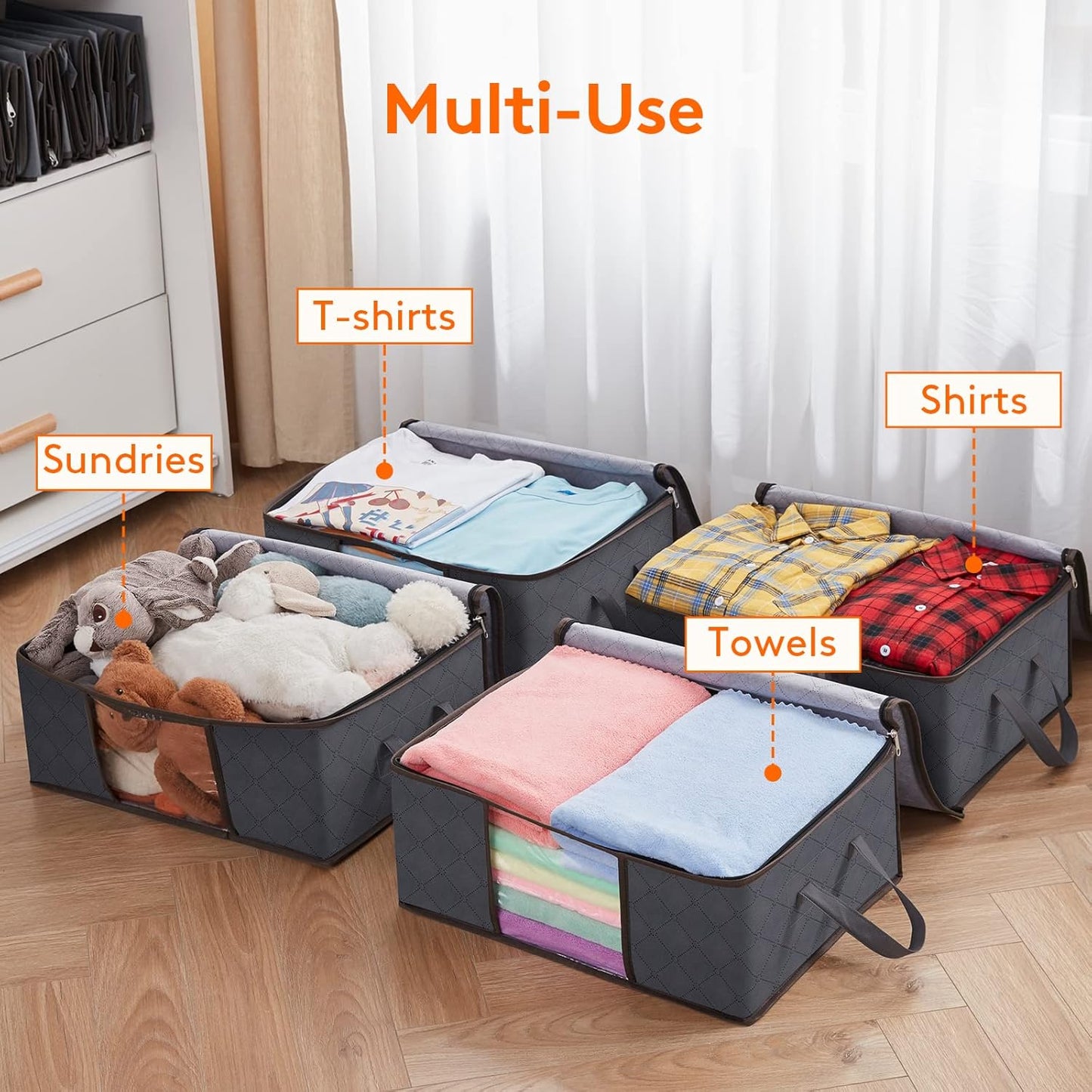 Lifewit 4-Pack Clothes Storage Bags - Foldable Organizer with Reinforced Handles & Clear Window | Gray