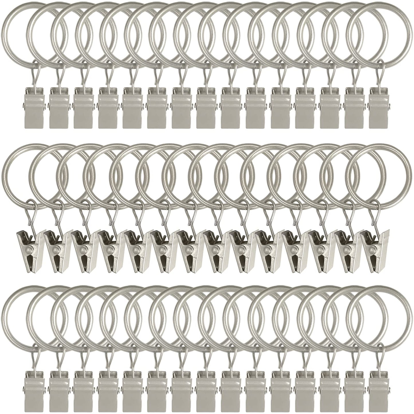 AMZSEVEN 44 Pack Metal Curtain Rings with Clips, Drapery Clips with Rings, Drapes Rings 1 inch Inner Diameter, Fits Diameter 5/8 inch Curtain Rods, Matte Silver