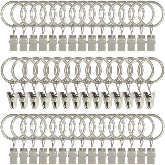 AMZSEVEN 44 Pack Metal Curtain Rings with Clips, Drapery Clips with Rings, Drapes Rings 1 inch Inner Diameter, Fits Diameter 5/8 inch Curtain Rods, Matte Silver