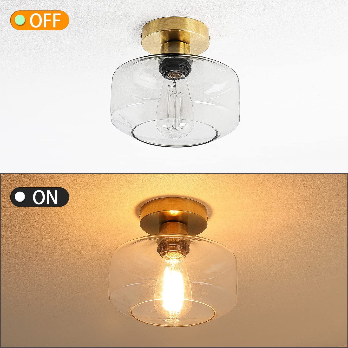 MAXvolador Industrial Semi Flush Mount Ceiling Light Gold, Clear Glass Pendant Lamp Shade, Farmhouse Lighting Hallway, Vintage Hanging Light Fixture