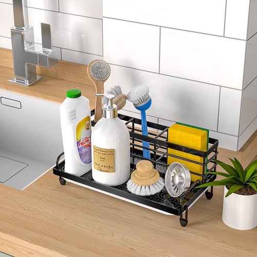 Cisily Kitchen Sink Caddy Organizer, Rustproof Non-Slip Soap Dish Dispenser Brush,Sponge Holder Storage,Home Essentials Accessories（Matte Black）