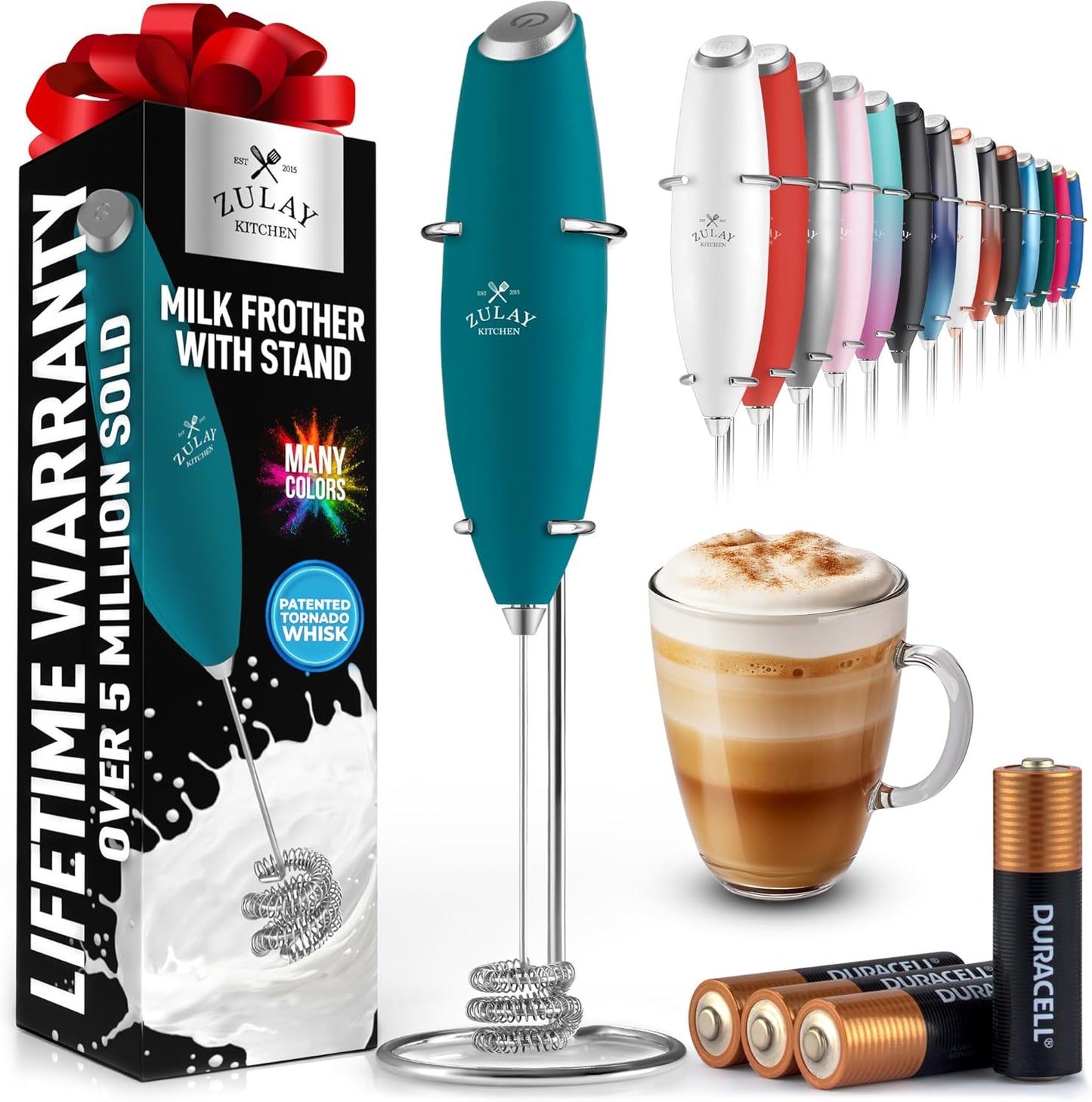 Zulay Kitchen Tornado Triple Whisk Milk Frother - Handheld Foam Maker for Coffee & Lattes | Vivid Emerald with 4 Duracell Batteries