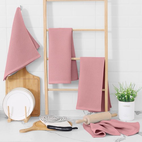Homaxy 100% Cotton Waffle Weave Dish Towels - Ultra Soft & Absorbent Quick Drying, 13 x 28 Inches, 6-Pack | Dried Rose