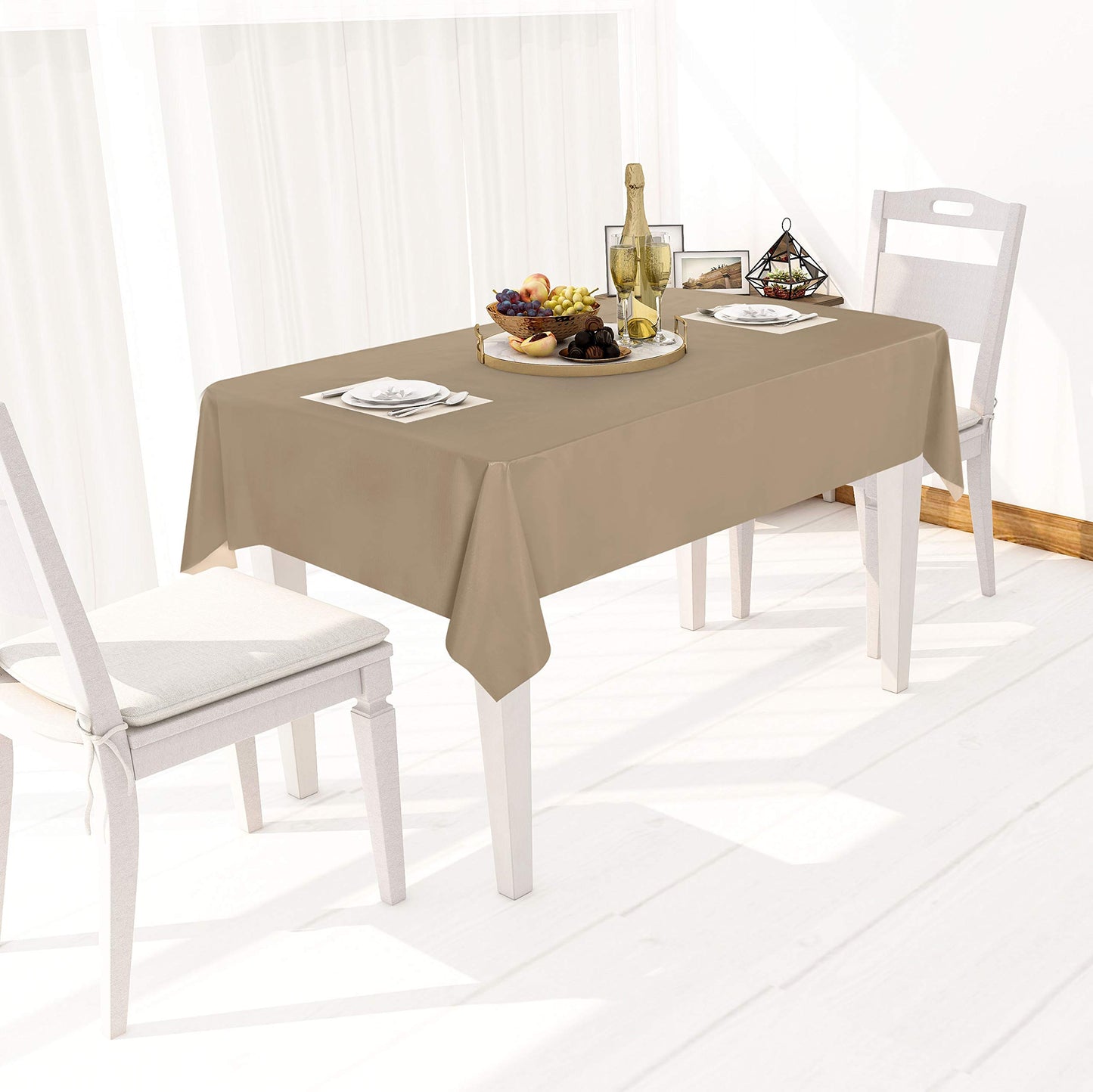 sancua 100% Waterproof Rectangle PVC Tablecloth - 54 x 54 Inch - Oil Proof Spill Proof Vinyl Table Cloth, Wipe Clean Table Cover for Dining Tables, Buffet Parties and Camping, Khaki