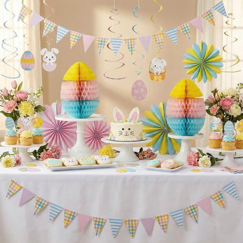 Easter Decorating Kit, 17-Piece Set with Hanging Paper Fans, Swirls, Garland, Banner and Honeycomb Eggs for Holiday Parties, Classrooms and Church Events