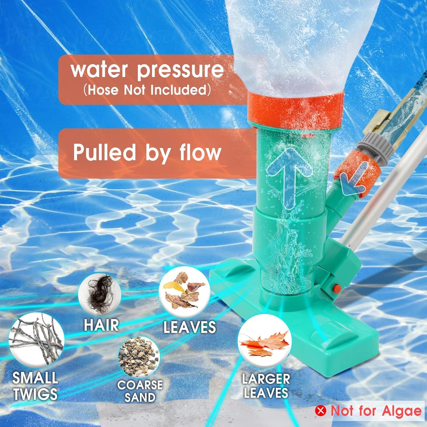 Premium Pool Vacuum Jet Underwater Cleaner - 3 Scrub Brushes, 2 Fine Mesh Bags, 56.5" Telescopic Pole for Above Ground Pools, Spas & Ponds