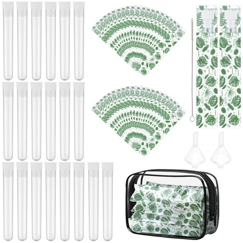 64 Pcs Tampon Flasks Set Includes 20 Reusable Plastic Flasks, 40 Self Adhesive Wrappers, 2 Funnels, Storage Bag, Clean Brush, Hidden Tube Flasks for Cruise Event, Concert, Outdoor Sports (Green)
