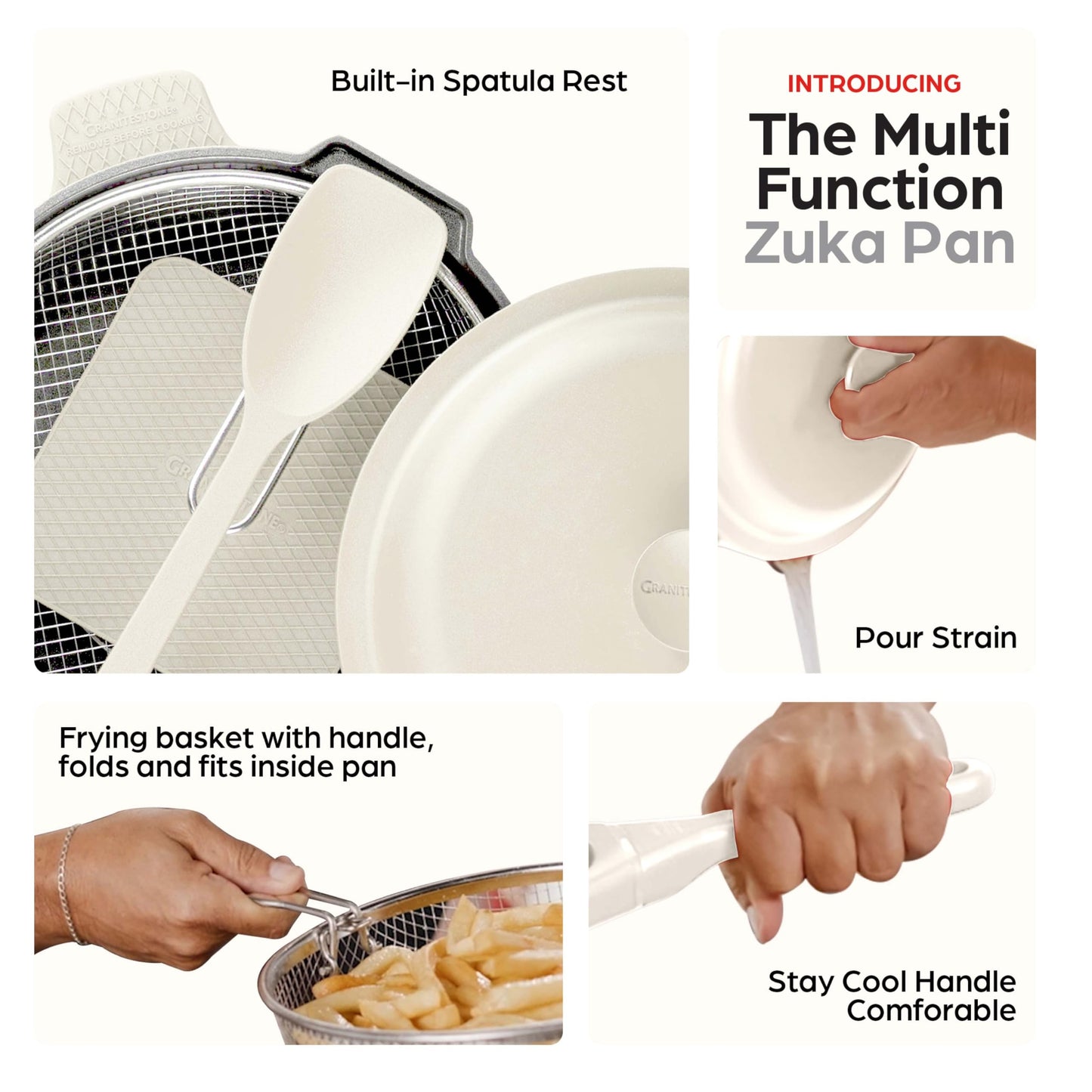 ZUKA 10 in 1 Ceramic Pan by Granitestone, Large 12 Inch Saute Pan with Lid Serves as Deep Frying Pan Set with Steamer, Everyday Skillet, Non Toxic Ceramic Nonstick, Induction Oven & Dishwasher Safe