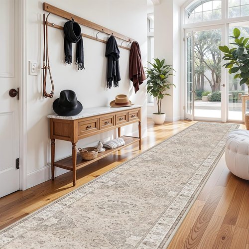 Hallway Washable Runner Rug - Vintage Soft Non-Slip Indoor Carpet | 3x20 Beige for Kitchen & Entryway