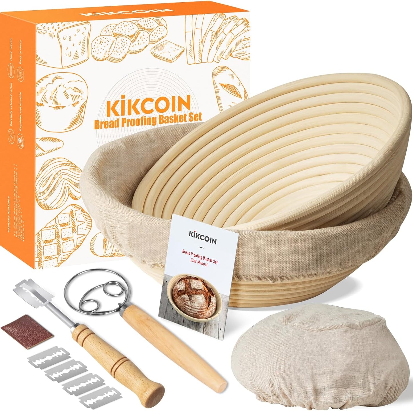 Kikcoin Bread Proofing Basket Set - 9 Inch & 10 Inch Round Sourdough Baskets with Linen Liner & Tools