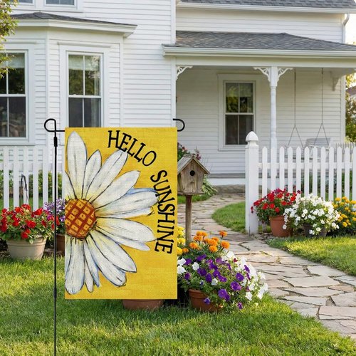 CROWNED BEAUTY Summer Garden Flag - Double-Sided Daisy Design | 12x18 Inches Burlap Welcome Decoration (Yellow)