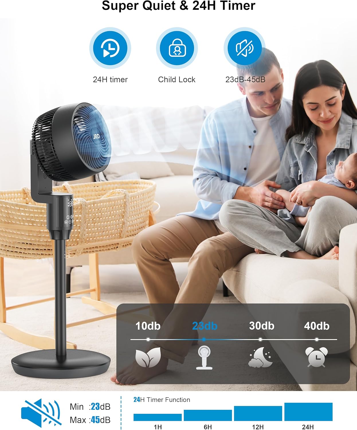 JRD Oscillating Floor Fan - Quiet 70° Pedestal Fan with 6 Speeds & Remote Control | Adjustable 19-38" Height
