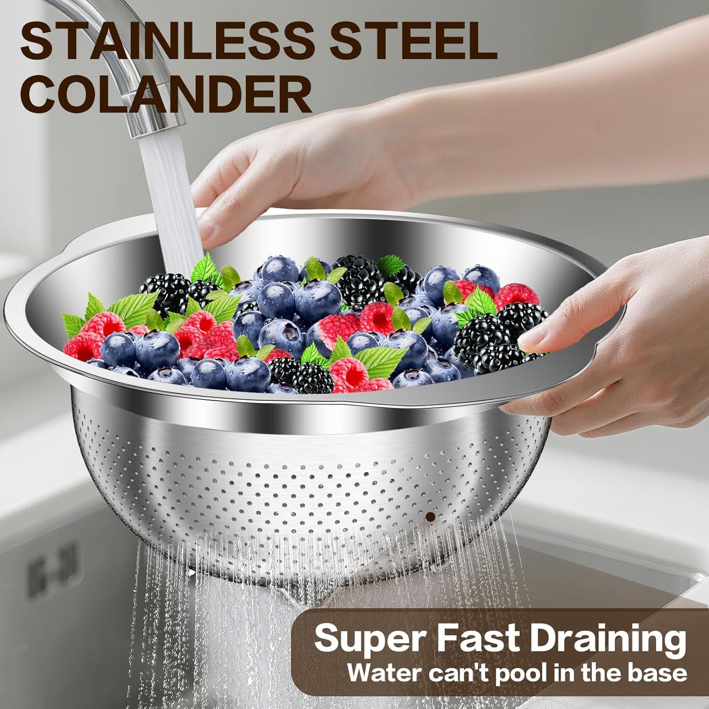 Skiennix Stainless Steel Colander Set - 3-Piece Strainer for Pasta & Fruits | Dishwasher Safe (2QT, 3QT, 5QT)