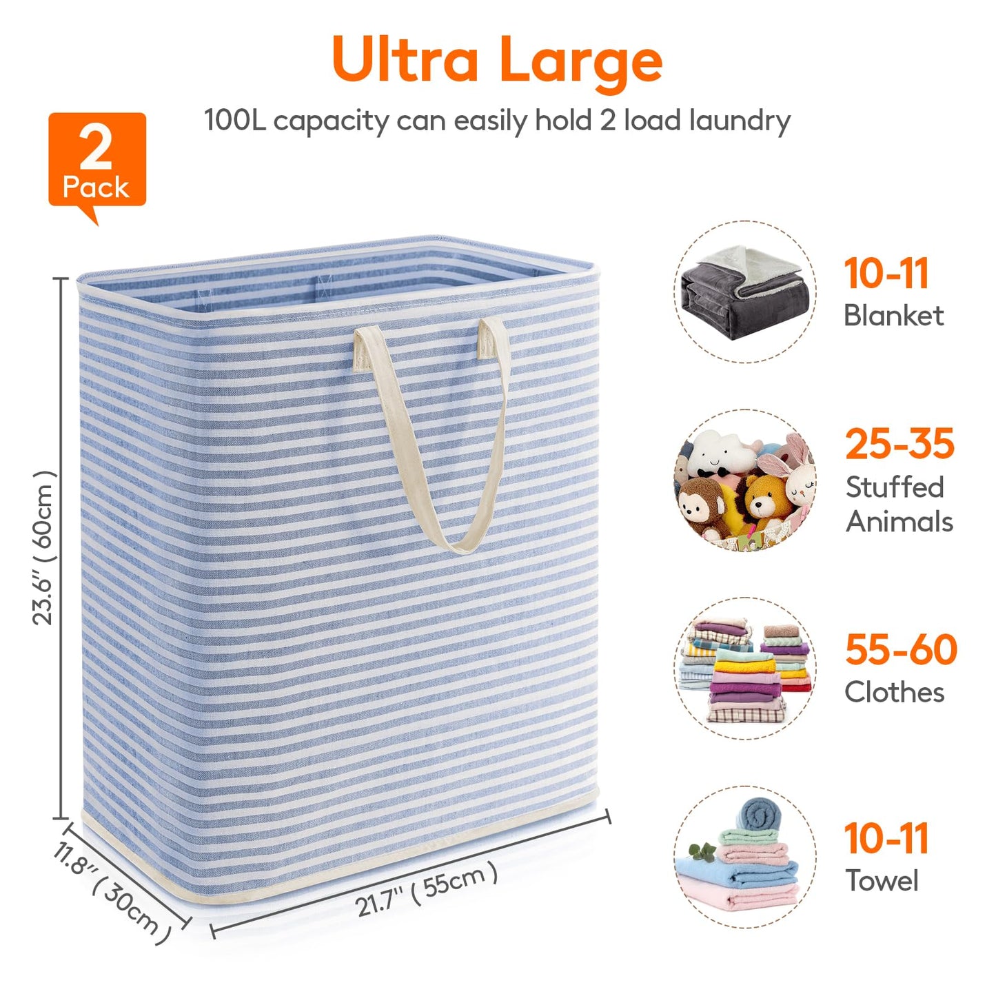 Lifewit 2 Pack Laundry Basket 100L Each, Collapsible Clothes Hamper with Reinforced Handles, Freestanding Waterproof Design for Bedroom and Laundry Room, Pink&Blue 200L Total