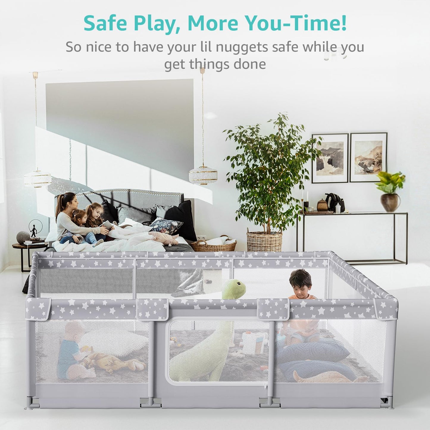 Large Baby Playpen by [Brand Name] - 70x59in Giant Indoor Play Yard for Babies 6-12 Months | Grey