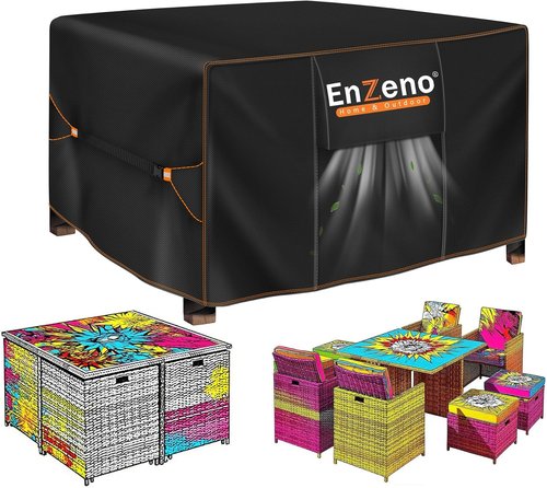 Enzeno Waterproof Patio Furniture Set Cover - Heavy Duty Protection for Square Table & Chairs | 49" L x 49" W x 28" H - Black