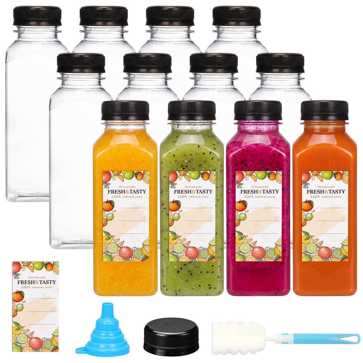 TOMNK 12pcs Juice Bottles, 12oz Reusable Plastic Juice Containers Bottles with Caps and Labels, Funnel, Brush Beverage Containers for Juicing, Smoothies, Tea, Milk