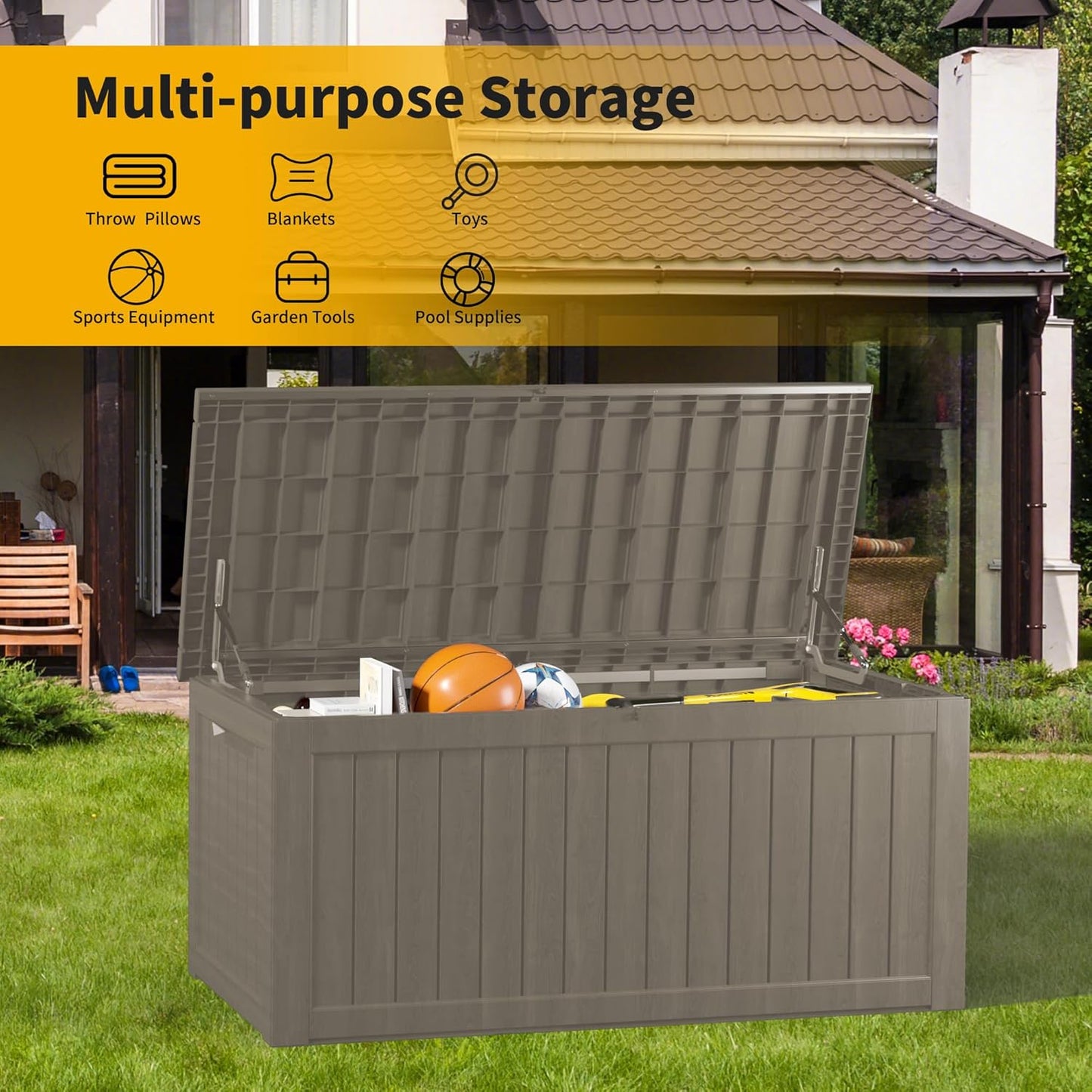 TARKARI 270 Gallon Lockable Resin Deck Box - Waterproof & UV-Resistant Outdoor Storage | Gray