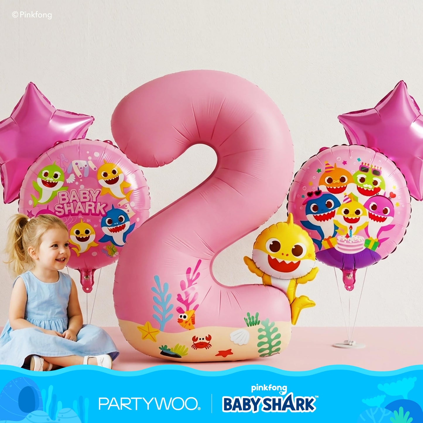 PartyWoo Baby Shark Pink Foil Number 2 Balloon 5pcs 40 18 Inch Pink Round Star Mylar Helium Birthday Balloons for Boys and Girls Baby Shark Under the Sea Ocean Kids Second Birthday Party Decorations