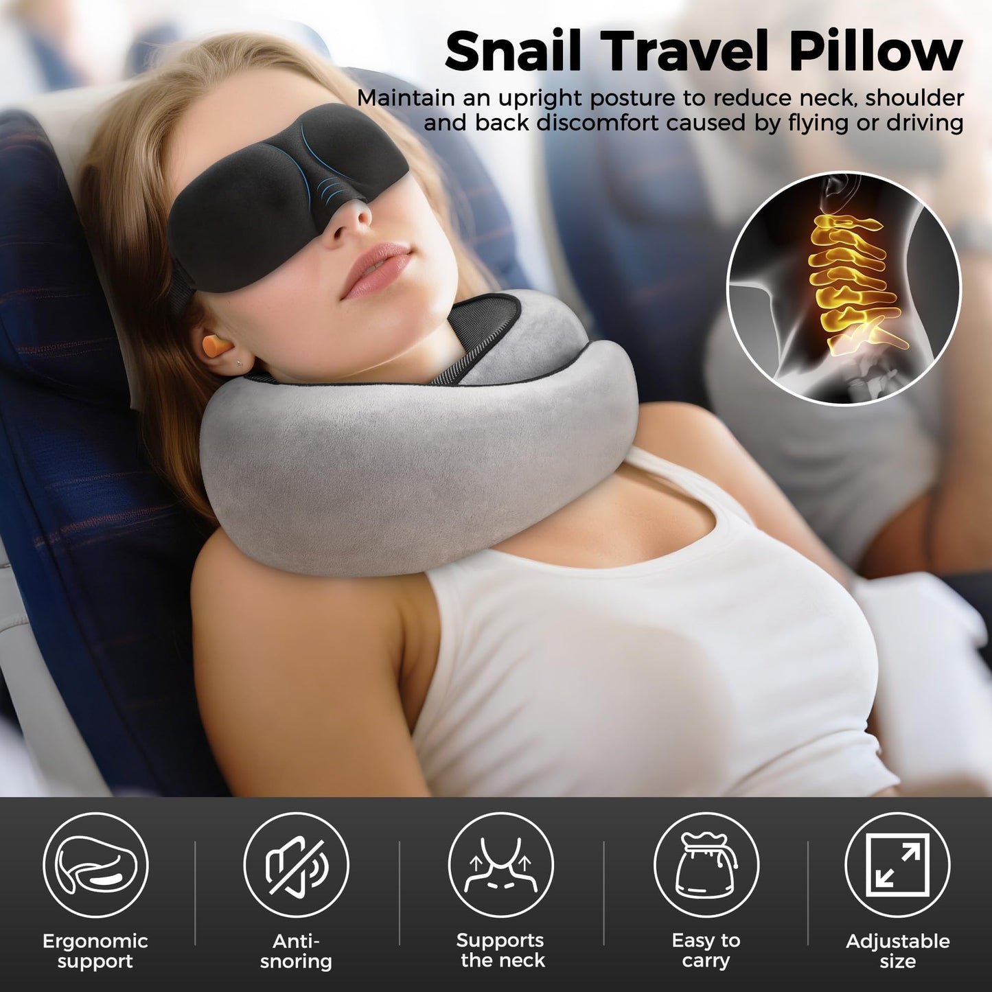 HiztoBlo Neck Pillow for Traveling, Travel Pillows for Airplanes 2025 New 100% Pure Memory Foam, Neck Pillow Airplane with 360º Ergonomic Design, Travel Neck Pillows for Airplanes, Office and Car