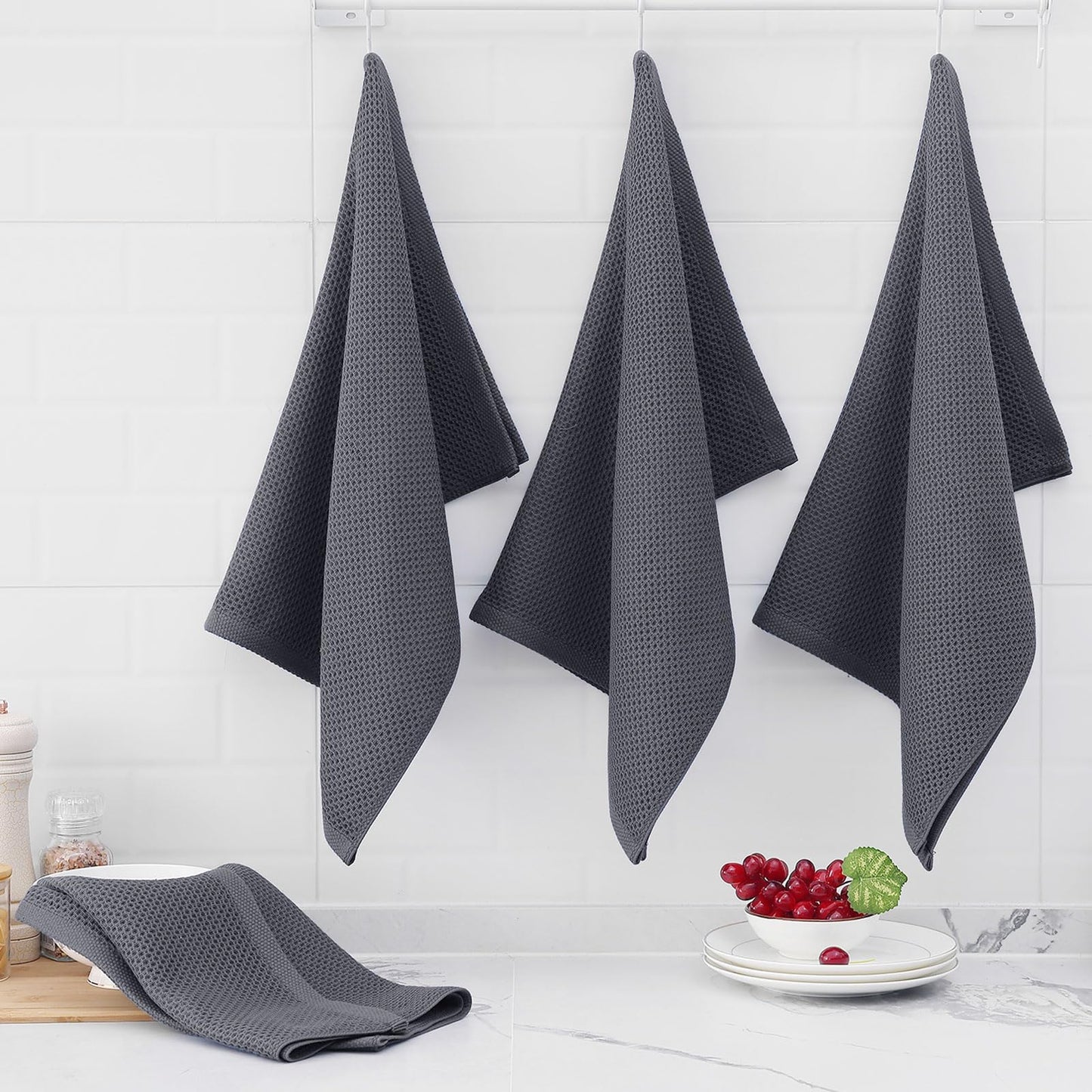 Homaxy 100% Cotton Waffle Weave Kitchen Dish Towels, Ultra Soft Absorbent Quick Drying Cleaning Towel, 20x28 Inches, 12-Pack, Dark Grey