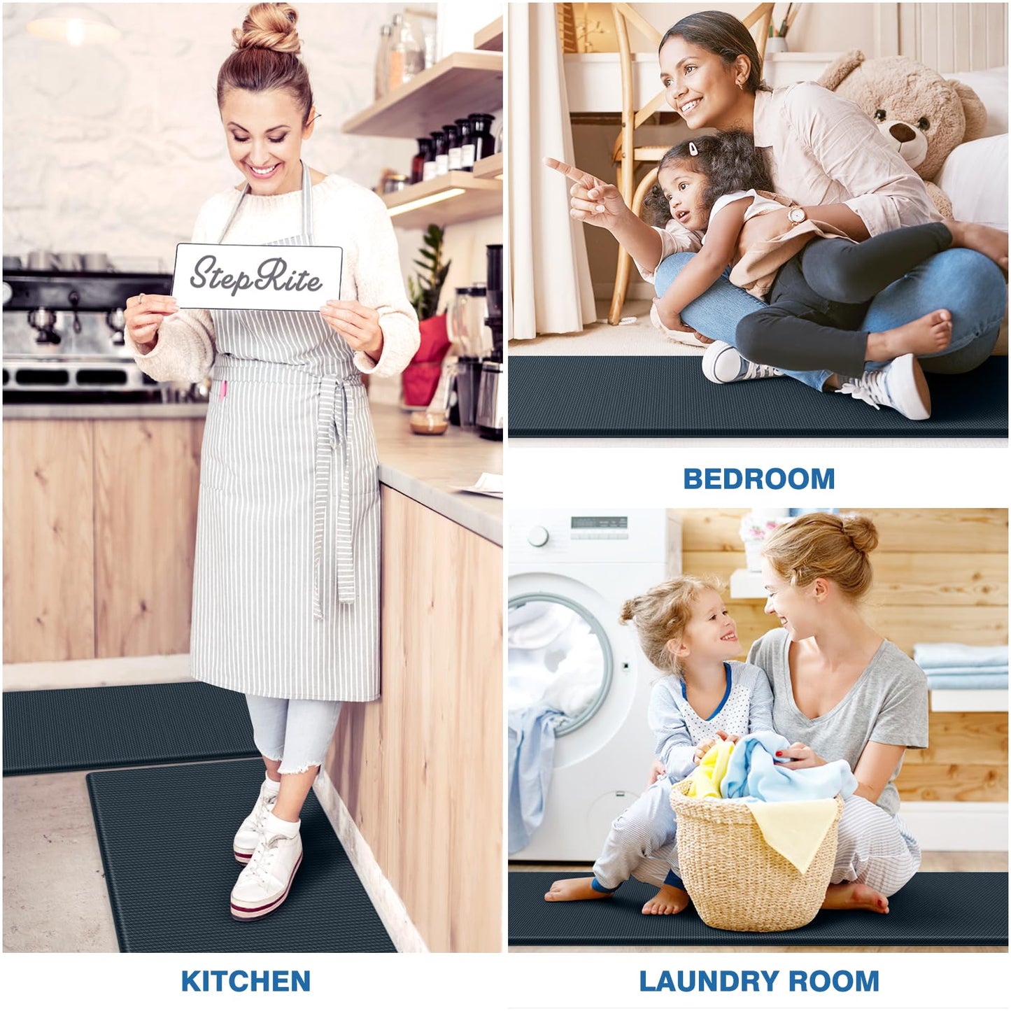 StepRite Kitchen Mats, 2PCS Kitchen Rugs, Cushioned Anti Fatigue Kitchen Mats for Floor, Non-Slip Standing Desk Mat, Waterproof Kitchen Rug Set for Floor, Office, 17.3"x30"+17.3"x47", Dark Charcoal