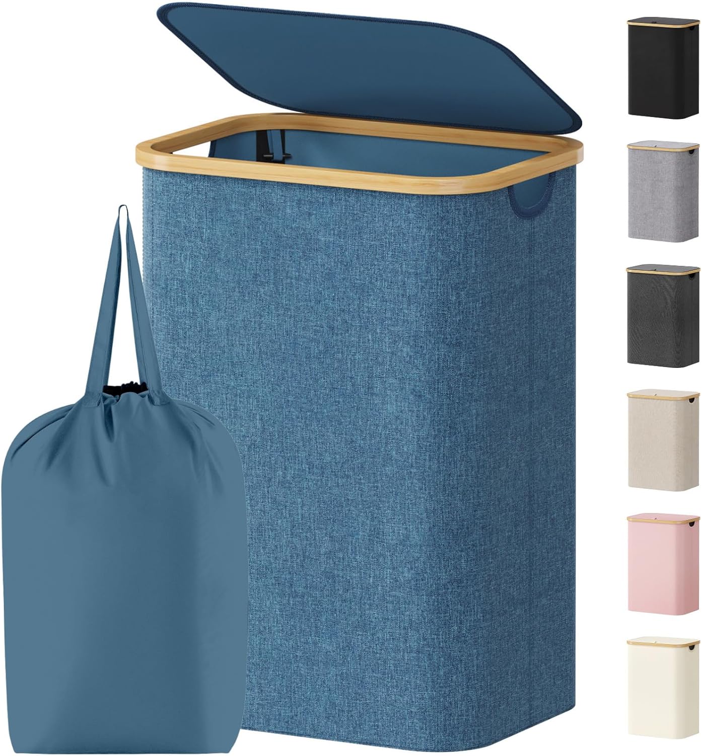 Lifewit 80L Laundry Basket - Foldable Clothes Hamper with Lid & Bamboo Handles | Dark Blue