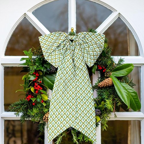 HunnmingRe Christmas Wreath Sash - 2 Pcs Green Block Print Bow | 24 x 16 Inch Indoor/Outdoor Decor