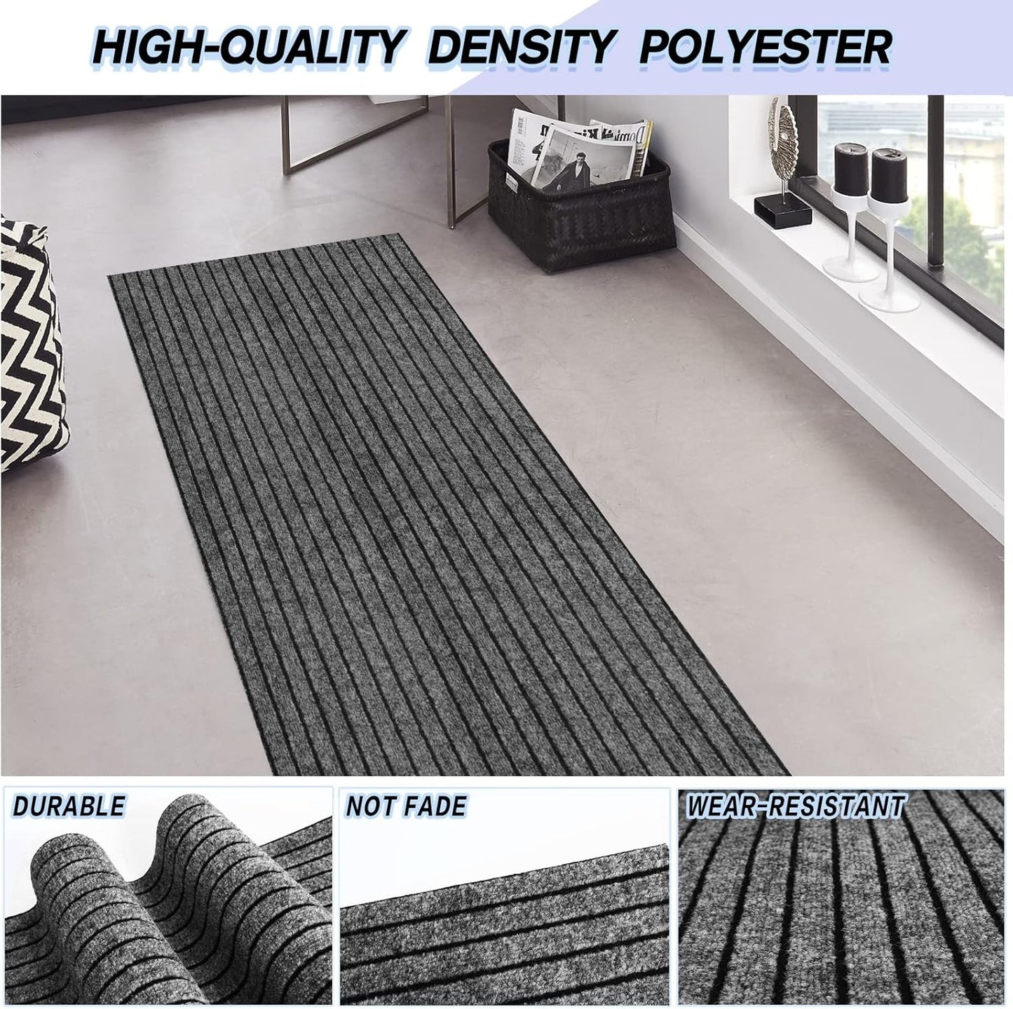 Skiennix Non-Slip Area Rug Runner - Easy Clean Waterproof Design for Hallway & Kitchen | 2FT x 6FT Gray Stripe